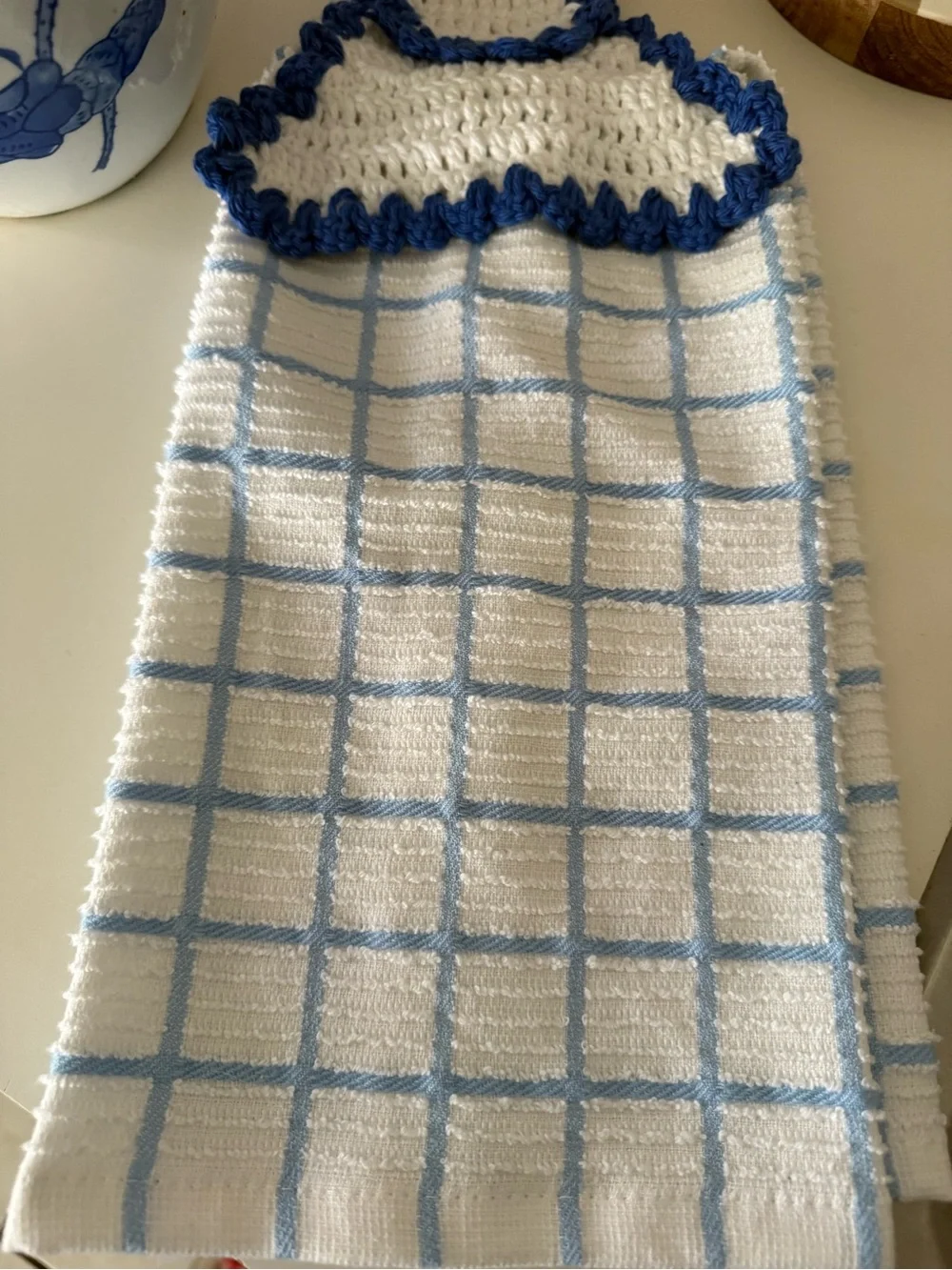 Handmade Crochet Top Kitchen Towel - White & Blue Checkered
